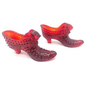 Vintage Fenton Cat Head Glass Slipper OS Ruby Hobnail Glass Decorative Shoe Set